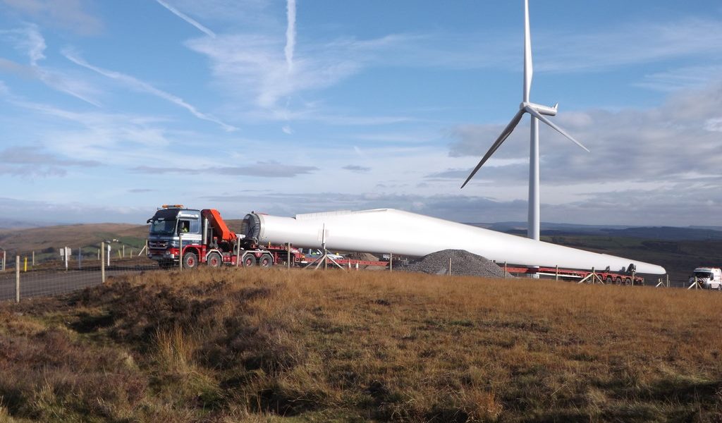 Wind turbine blade on truck Wind turbine blade being transported on a truck