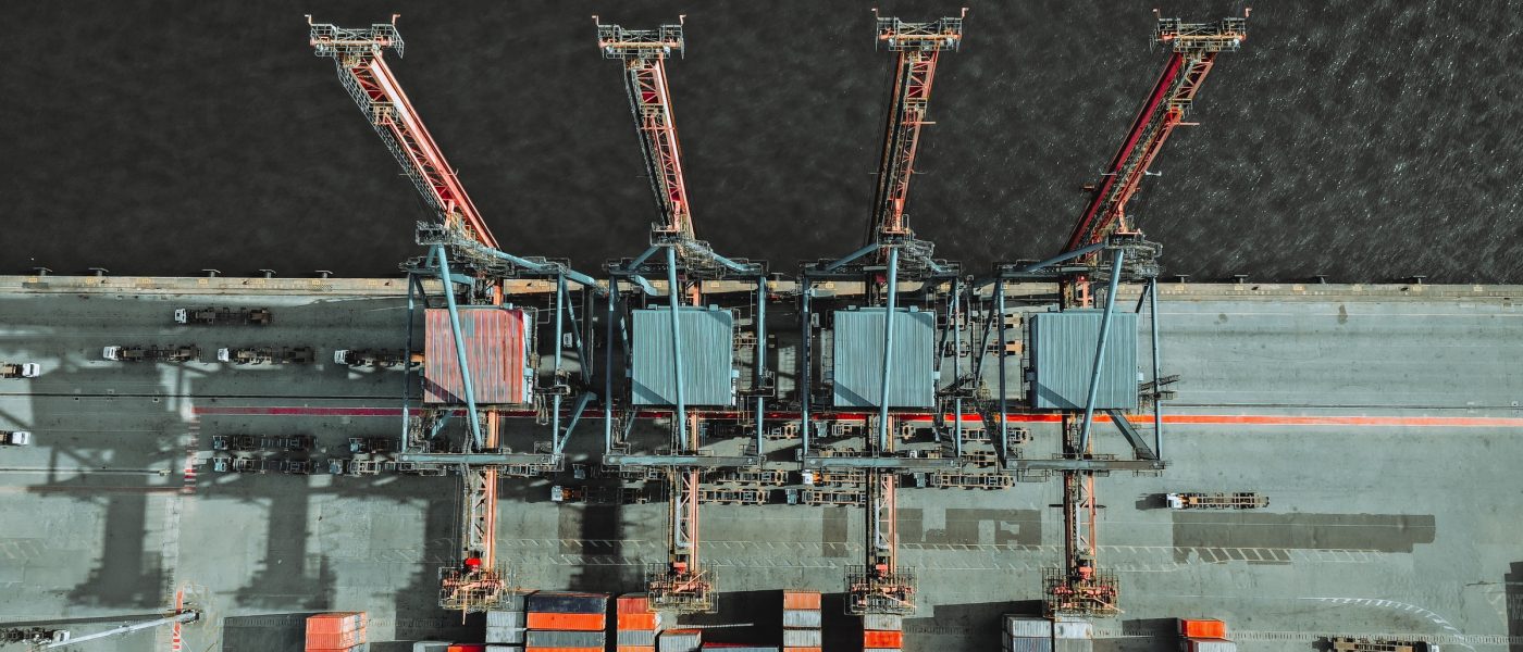 Aerial view of cranes and containers at dock in Brazil