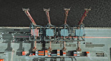 Aerial view of cranes and containers at dock in Brazil