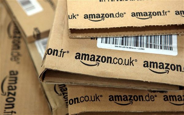 Amazon UK packages Close up of a stack of Amazon UK packages